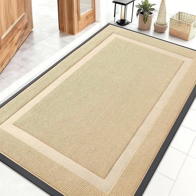 OLANLY Front Door Mat Indoor Outdoor Entrance, Waterproof All-Season, All-Weather Doormat, Sturdy Natural Rubber, Fade Resistant, Low Profile, Easy Clean Patio Porch Entryway Mat, 59x40, Beige