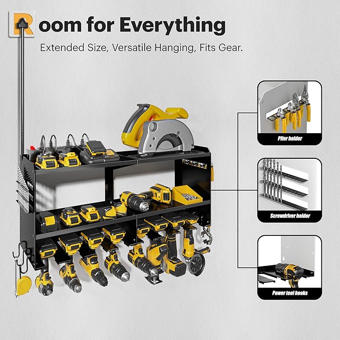 Power Tool Organizer Wall Mount with Charging Station, 15 Min Assembly & Maximum 420lb Load by Heavy Duty Metal, 8 Slots for Cordless Drill, Tool Battery Holder with 6 Outlet Power Strip