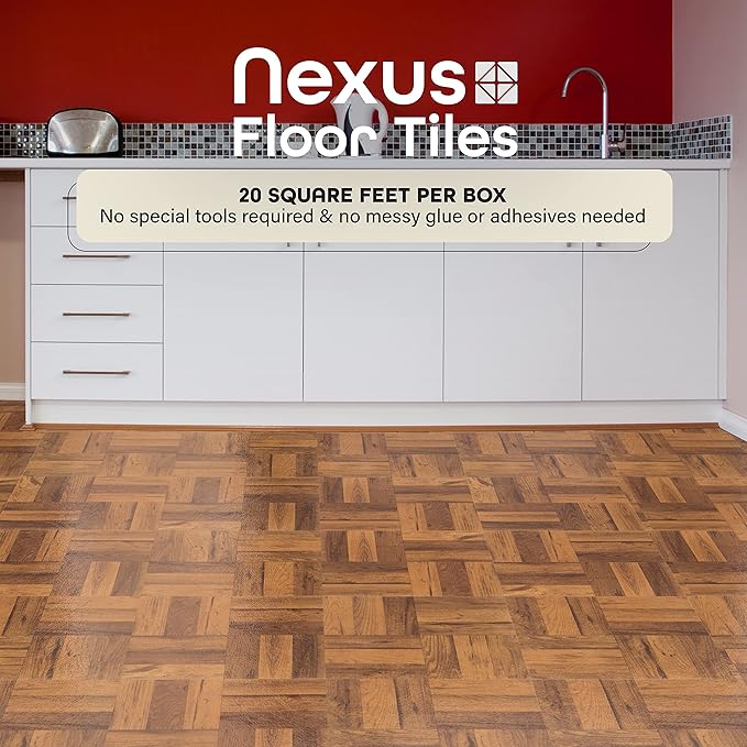Nexus Self Adhesive 12-Inch Vinyl Floor Tiles, 20 Tiles - 12" x 12", 3 Finger Medium Oak Parquet Pattern - Peel & Stick, DIY Flooring for Kitchen, Dining Room, Bedrooms & Bathrooms by Achim Home Décor
