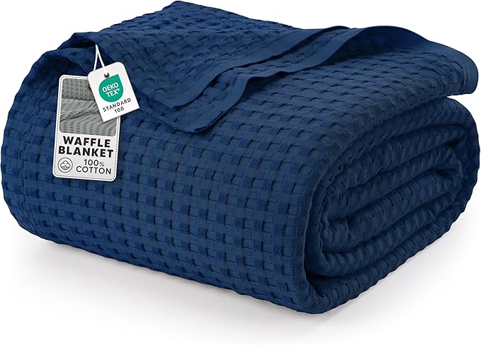 Utopia Bedding Navy 100% Cotton Waffle Blanket 300 GSM [Queen - 90x90 Inch] Soft Lightweight Breathable Bed Blanket for All Season