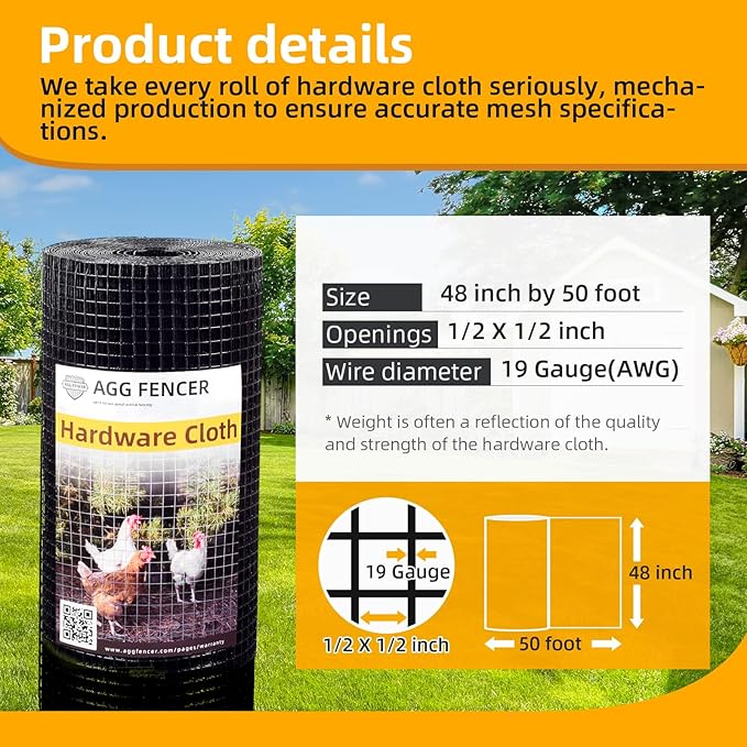 48in x 50ft Black Hardware Cloth 1/2 inch 19Ga PVC Coated Wire Mesh Vinyl Coated Fence, Welded Metal Chicken Wire Fencing Roll, Garden Plant Fencing, for Chicken Coop and Home Improvement