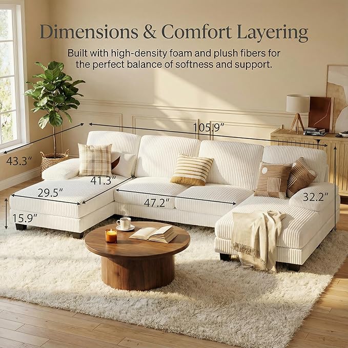 Homall Sectional U Shaped Sofa Couches for Living Room, Comfy Corduroy 4 Seat Sofa Set with Removable Pillows, Lounge Chaise Upholstered Couch for for Apartment (Corduroy, Beige)