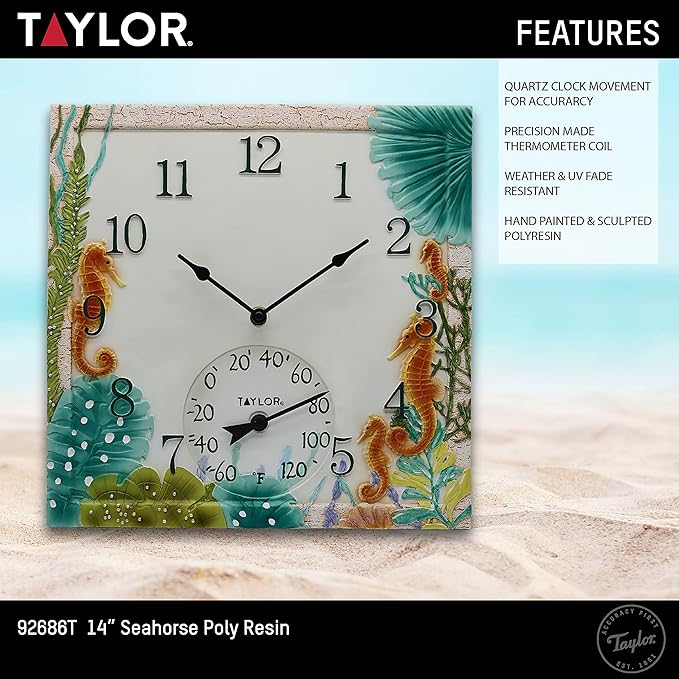 Taylor Seahorse Poly Resin Indoor and Outdoor Clock and Thermometer, Home Decor for Garden, Patio, Pool, and Indoor Areas, 14-inch, Multi-Color