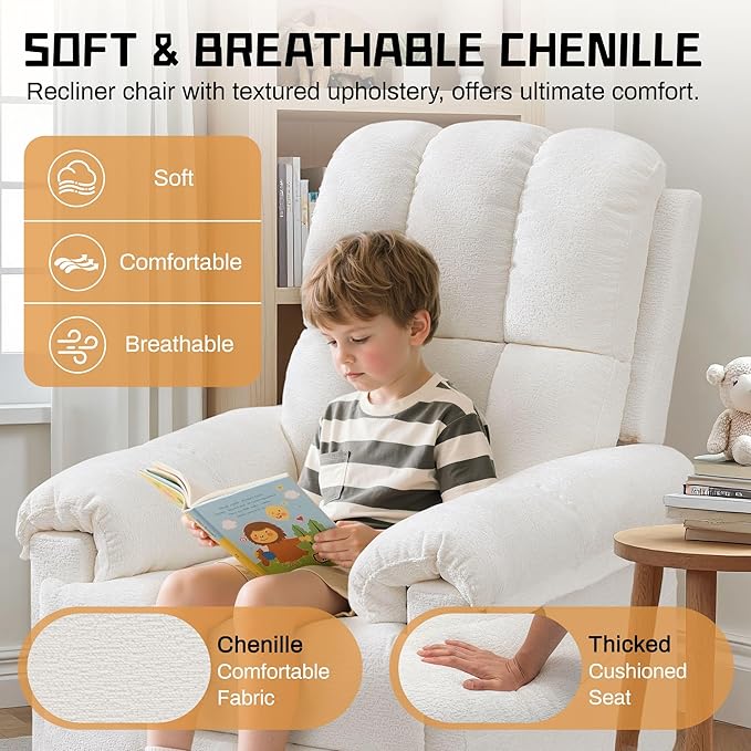 Recliner Chair, Swivel Rocker Recliner Chair for Adults, Small Recliners for Small Spaces, Upholstered Manual Recliner with Side Pockets, Nursery Rocking Chair for Living Room, Chenille, Beige