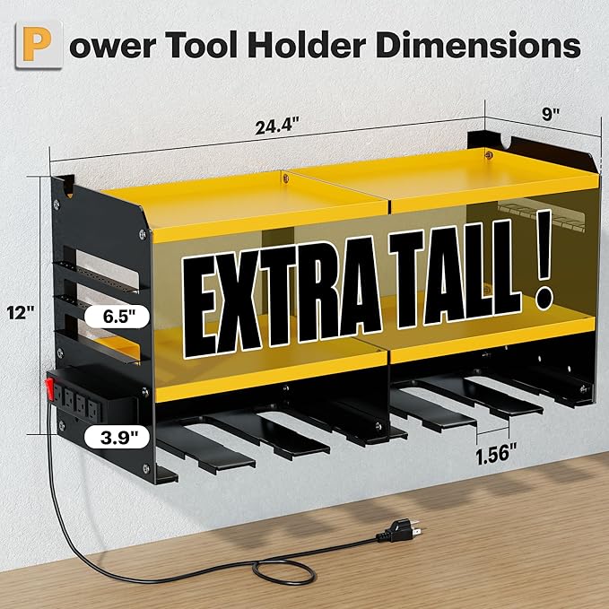 Large Power Tool Organizer Wall Mount with Charging Station, 3 Layer Heavy Duty Metal Tool Storage Rack Loads 420lbs with 6 Cordless Drill Holder, Utility Rack Loads with 4 Power Strip