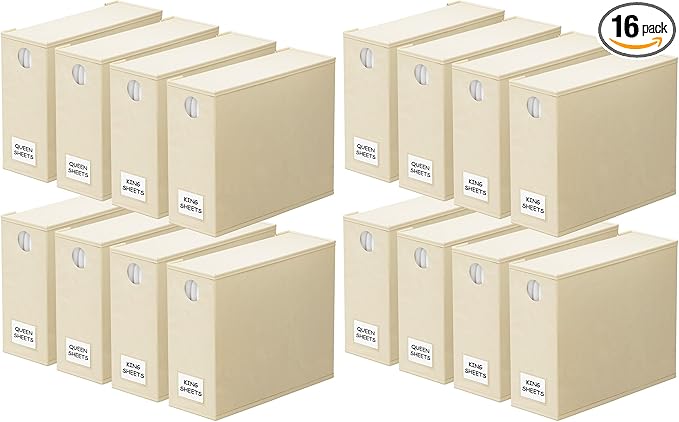 SpaceAid 16 Pack Bed Sheet Organizers and Storage, Foldable Sheet Organizer for Linen Closet, Sheets Set Folder Keeper with Window XL (Queen & King Size) Bedding Container (Beige, 16 Pack)