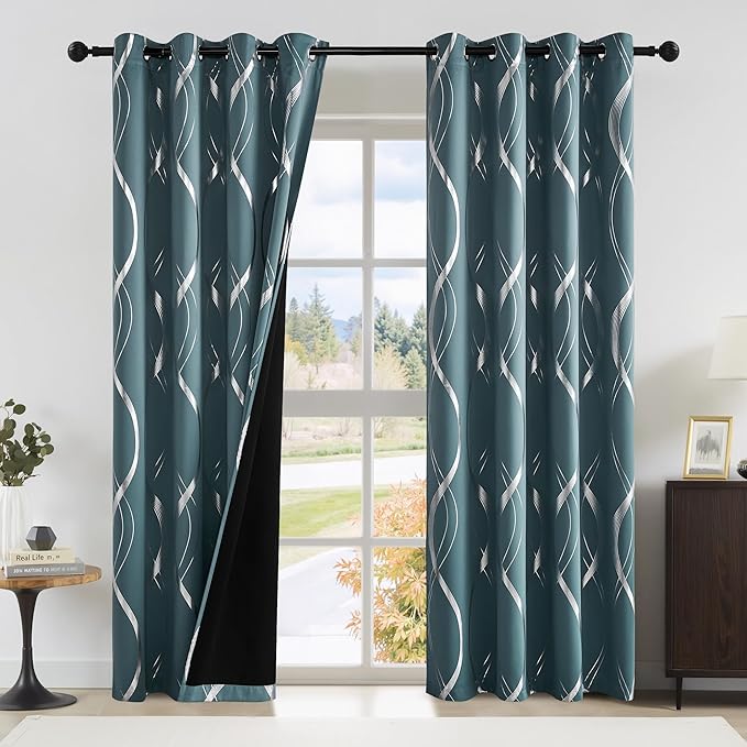 NICETOWN 100% Blackout Curtains Panels for Living Room, Greyish Blue, 52" Wide x 84" Long, 2 Panels, Sound Reducing Thermal Insulated Wave Line Foil Print Design Curtains for Patio Sliding Glass Door