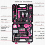 Tool Set - Tool Kit with 8V Cordless Drill, 132 Piece Tool Box with Drill, Home Tool Kits for Women & Men, Hand Drill Set Perfect for Homeowner, Diyer, Handyman - Pink