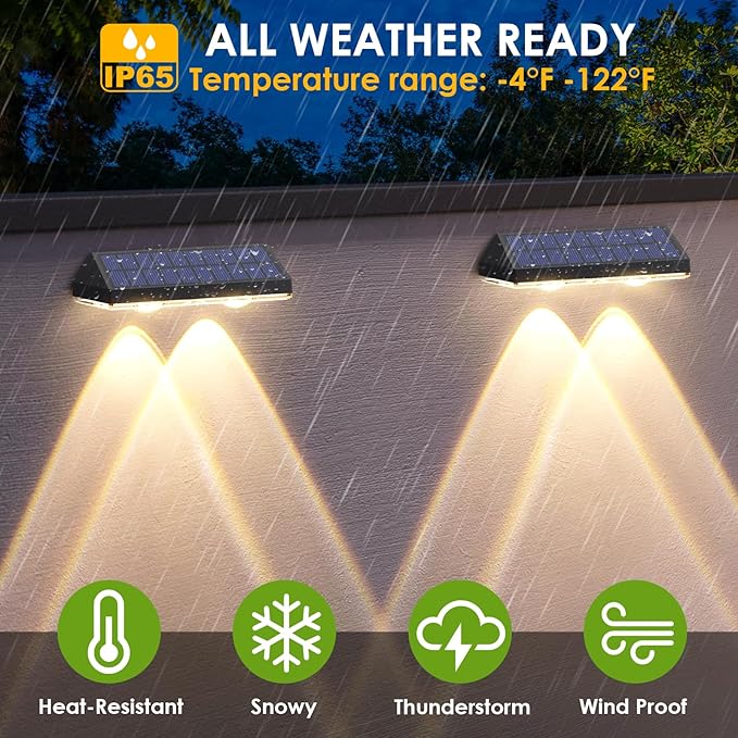 Solar Fence Lights Outdoor Waterproof LED - 3000/4000/6000K 3 Mode, IP65 Waterproof Fence Lights Solar Powered, Solar Wall Lights for Outside, Backyard/Step/Patio/Deck Fence/Stair Railings (12 Pack)