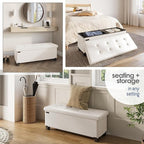 Storage Ottoman Bench with Bins, 43-in Storage Bench for Bedroom End of Bed, Folding Foot Rest Ottoman for Living Room Max 660lbs, Faux Leather Ottomans, Cream