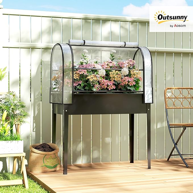 Outsunny Raised Garden Bed with Flip-Up Greenhouse Cover, Metal Elevated Garden Bed with Legs and Drainage Hole, Outdoor Raised Planter Box for Vegetables Herbs Flowers, 39.4" x 19.3" x 53.5", Black
