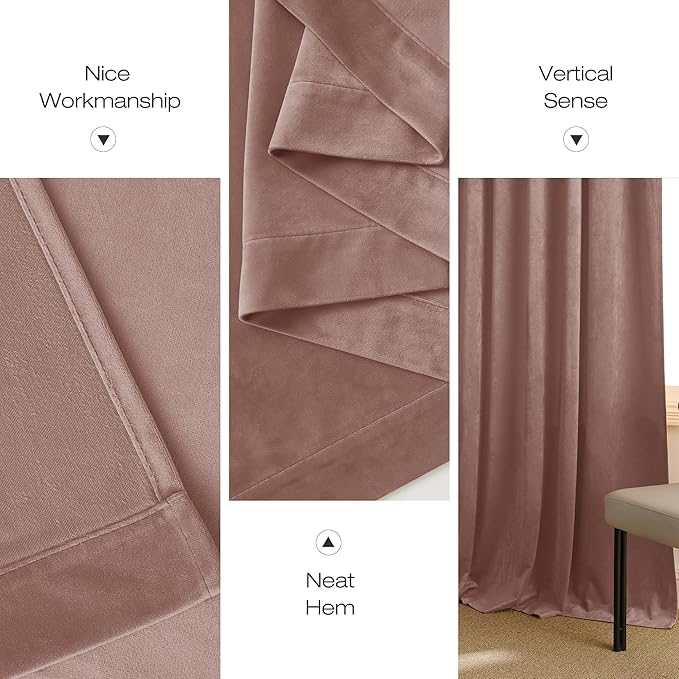 NICETOWN Dusty Pink Velvet Curtains for Backdrops, 120" Long Thermal Insulated Room Darkening Drapes for Film, Extra Long Window Treatments for Large Sliding Door(2 Panels, 52 x 120)