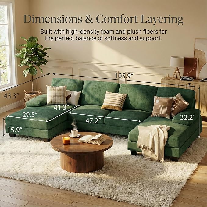 Homall Sectional U Shaped Sofa Couches for Living Room, Comfy Chenille 4 Seat Sofa Set with Removable Pillows, Lounge Chaise Upholstered Couch for for Apartment (Chenille, Green)