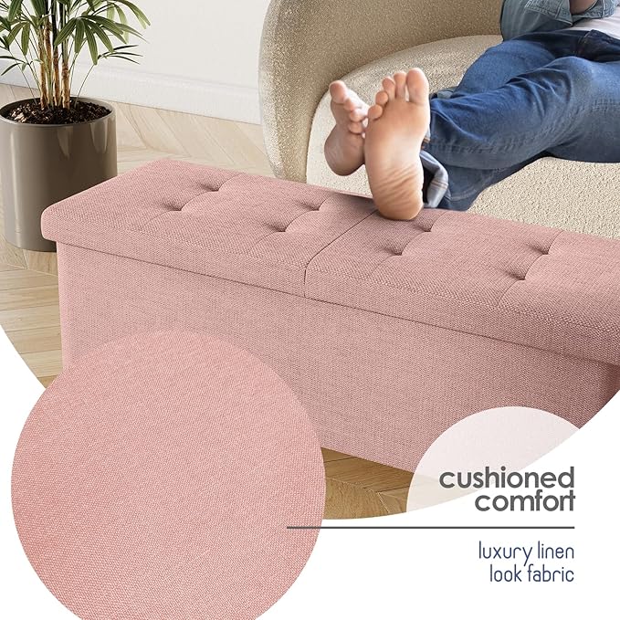 Storage Ottoman Bench with Bins, 43-in Storage Bench for Bedroom End of Bed, Folding Foot Rest Ottoman for Living Room Max 660lbs, Fabric Ottomans, Pink