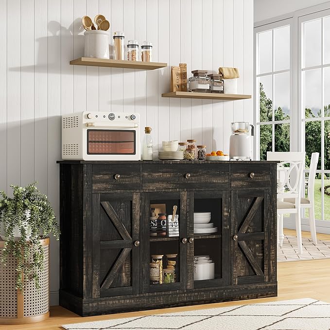 4 EVER WINNER 55" Coffee Bar with 4 Glass Doors and 3 Drawers, Sideboard Buffet Cabinet with Storage, Farmhouse Coffee Bar Cabinet with Adjustable Shelves for Kitchen, Dining Room, Rustic Oak