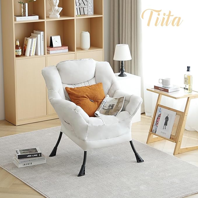 Tiita Lazy Chair, Beige Modern Large Accent Armchair, Comfy Leisure Sofa Reading Chair for Bedroom, Living Room, Dorm Rooms, Garden and Courtyard, Beige