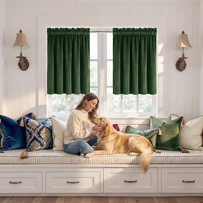 NICETOWN Olive Green Velvet Valance Curtains for Windows 36 inch Length, Kitchen Window Treatment Room Darkening, W52 x L36, 2 Panel