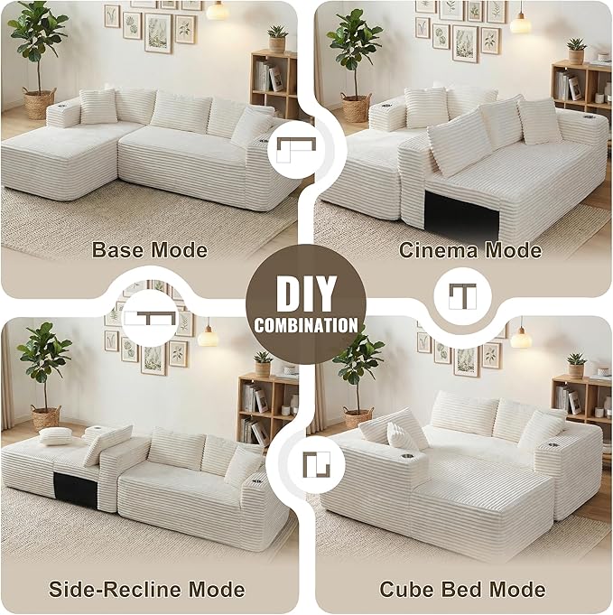 Shintenchi Boneless Couches for Living Room,Modular Sectional Sofa with 2 Cup Holders,Memory Foam Cloud Couch with L Shaped Oversized Chaise,No Assembly Needed Plush Corduroy Sofa