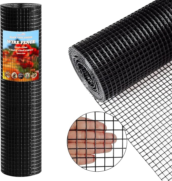 Thinkahead Black Hardware Cloth 1/2 inch 36 X 50 ft 19 Gauge Vinyl PVC Coated Wire Mesh Roll Galvanized Welding Chicken Wire Fencing, Garden Fence, Rabbit Wire, Home Improvement Project.