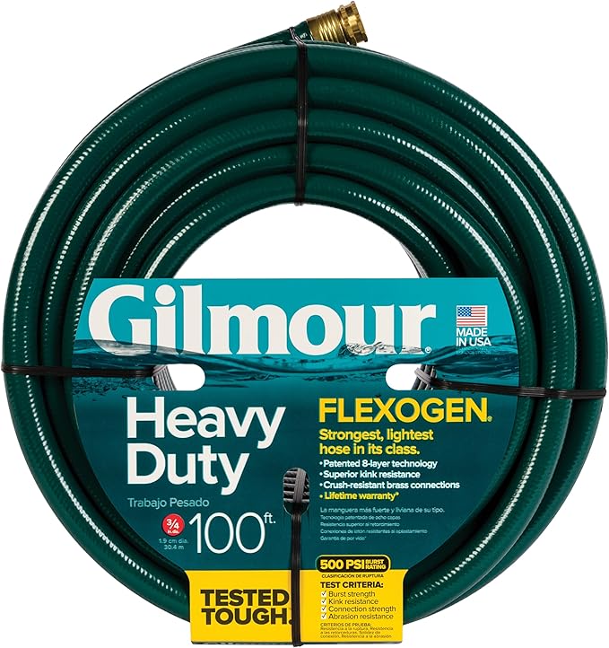 Gilmour Flexogen 3/4 in x 100 ft Garden Hose, Heavy Duty Water Hose, Flexible and Kink Resistant Outdoor Hose, Green