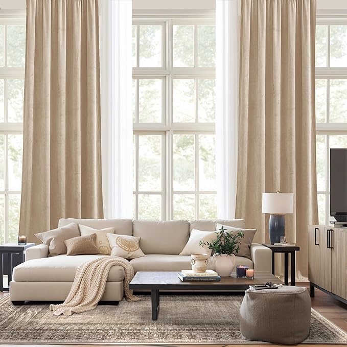 NICETOWN Beige Velvet Room Darkening Curtains, Home Decor Light Blocking Thermal Insulated Drapes for Theater and Movie Room (Set of 2, 90 inches Long)