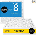 Simply 10x20x1 Air Filter, MERV 8, 6 Pack, For Home AC Furnace & HVAC (Actual Size: 9.75"x19.75"x0.75") DUST, Pet, & Allergy Control