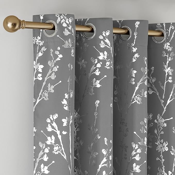 NICETOWN 100% Blackout Curtains 84 inches Long, Grommet Floral Branch Curtains Foil Printed Window Treatments Thermal Curtains for Bedroom/Living Room, Grey, W52 x L84, 2 Panels