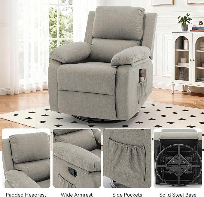 Recliner Chair, 360 Swivel Rocker Chair for Adults, Small Rocking Recliner for Small Spaces, Upholstered Fabric Glider Recliner Nursery (Swivel Rocker Recliner, Light Khaki)