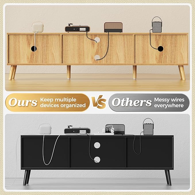 SUPERJARE 70.9 Inch Boho TV Stand for 75 Inch TV, Entertainment Center with Adjustable Shelf, Rattan TV Console with 2 Cabinets, Media Console, Solid Wood Feet, 4 Cord Holes, for Living Room, Natural