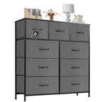Dresser for Bedroom with 9 Drawers, Anti-Tip Tall Fabric Chests Storage Organizer Tower Furniture with Wooden Top Metal Frame for Clothes, Closet, Living Room, Hallway, Entryway