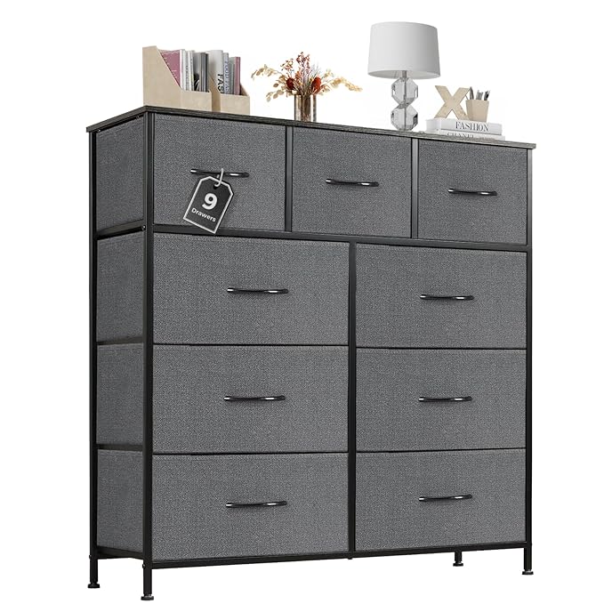 Dresser for Bedroom with 9 Drawers, Anti-Tip Tall Fabric Chests Storage Organizer Tower Furniture with Wooden Top Metal Frame for Clothes, Closet, Living Room, Hallway, Entryway