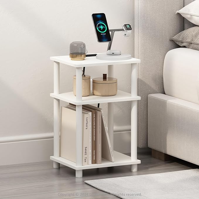 Furinno JUST Night Stand, 3-Tier Turn-N-Tube Nightstand with Charging Station, Bedside Table, End Table, Side Table with USB and Type-C Charging Port, for Bedroom, Closet, Dorm, White