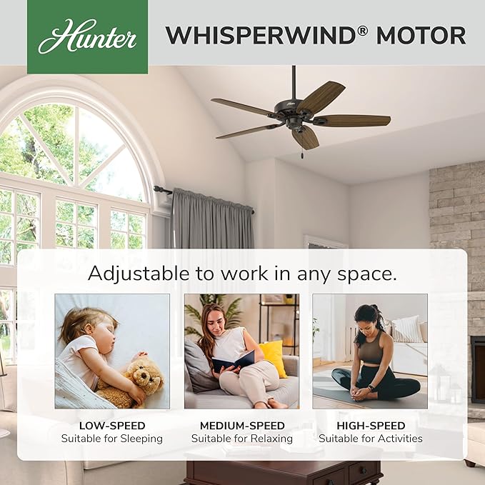 Hunter 52 inch Indoor Ceiling Fan No Light with Pull Chain - Bronze Ceiling Fan without Light, Standard Mount, 5 Blades, For Bedroom, Living Room, or Kitchen - Builder Elite 53242, New Bronze