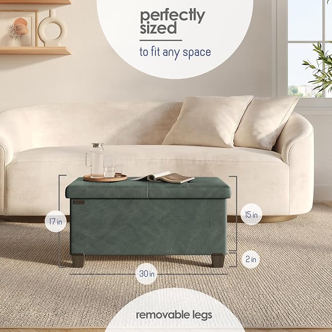Storage Ottoman Bench with Bins, 30-in Storage Bench for Bedroom End of Bed, Folding Foot Rest Ottoman for Living Room Max 660lbs, Leather Ottomans, Green