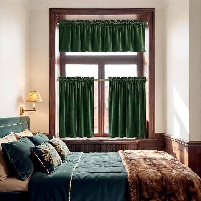 NICETOWN Olive Green Velvet Valance Curtains for Windows 36 inch Length, Kitchen Window Treatment Room Darkening, W52 x L36, 2 Panel