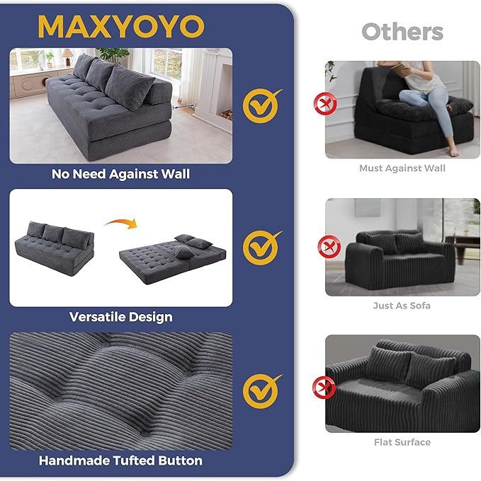 MAXYOYO Folding Sofa Couch, Convertible Floor Sleeper Couch with 2 Pillows, Tufted Floor Oversized Loveseat Couch Tufted Fold Out Chair Bed Comfy Sofa Lounge for Living Room Bedroom, Dark Grey