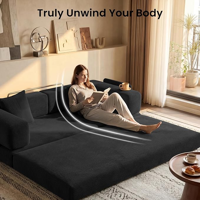 78.8" Convertible Sofa Bed,Corduroy Futon Couch with Storage Pocket,Folding Pull Out Futon Sofa, No Assembly Boneless Couch for Living Room,Black