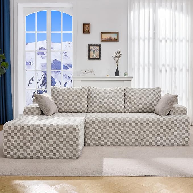 Modular Sectional Sofa Couches L-Shape Couch 3 Seat Modular Sofa Memory Foam Sectional Couches for Living Room, Cloud Couch with Oversized Chaise (GREYGREEN Check, 96" Left Facing Chaise)
