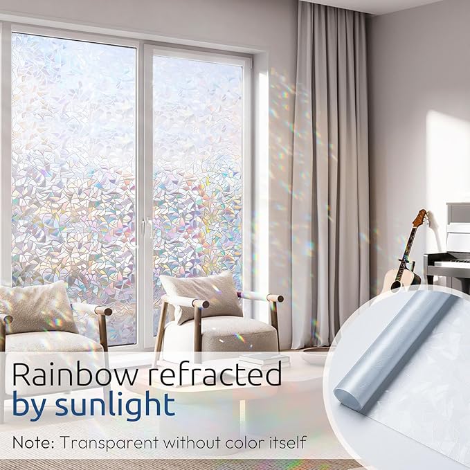 rabbitgoo Window Privacy Film Rainbow Film Decorative Window Sticker, 3D Static Stained Glass Cling Tint for Home Heat Control Non-Adhesive, 29.5 x 118.1 inches