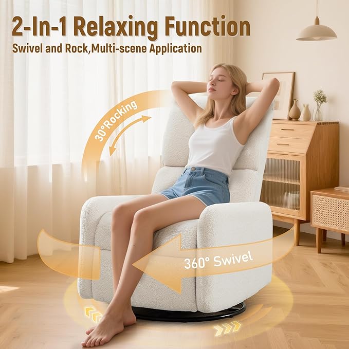 360° Rocking Chair, Nursery Rocker Chair with Side Pockets, Glider Nursing Chair with Steel Structure Base, Small Chair for Small Spaces, Sherpa Swivel Accent Chairs for Living Room, Nursing
