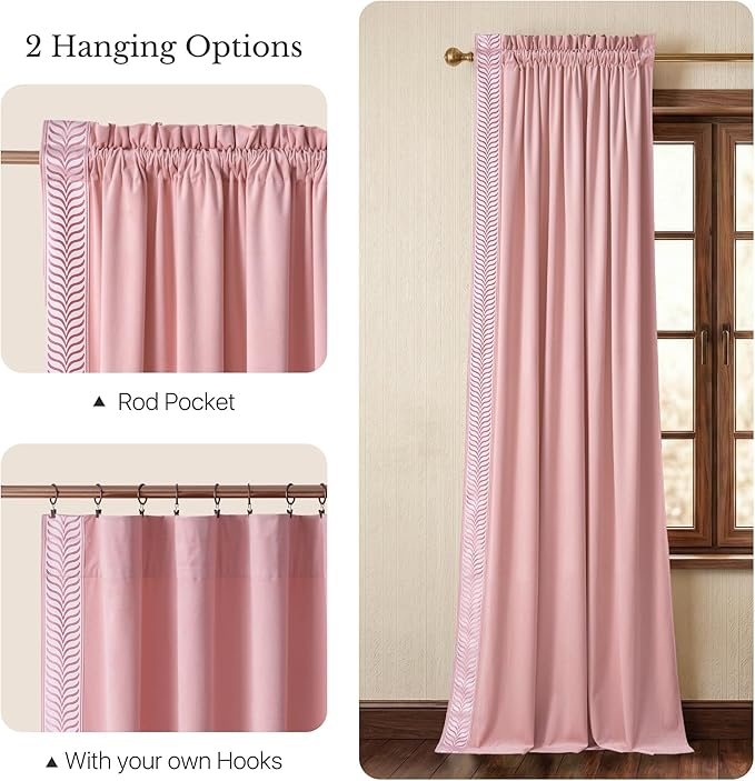 NICETOWN Rod Pocket Embroidered Trim Velvet Curtains, 2 Panels, Blush Pink, 96 Inch Long Velvet Blackout Curtains Luxury Elegant Soft Drapes, Winter Thermal Window Treatments Classical Home Decor