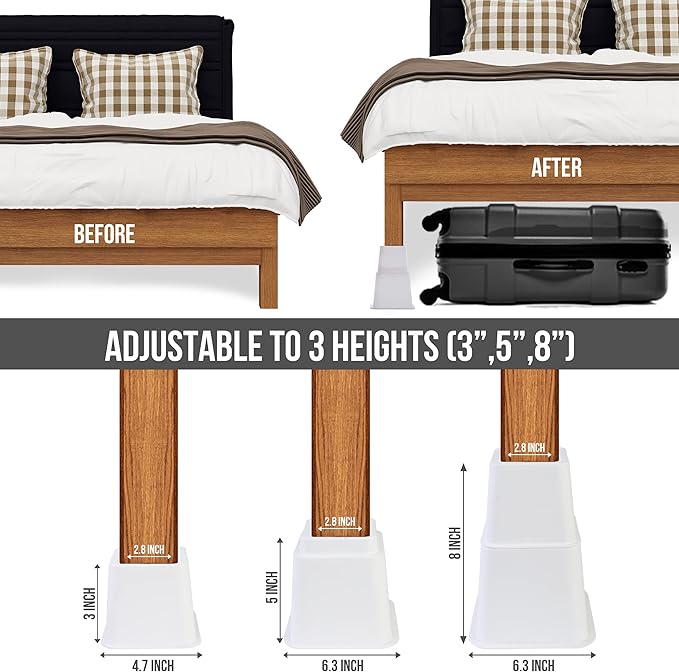 Utopia Bedding Bed Riser, 3 & 5 Inches Adjustable Furniture Risers for 8 Inch Combined Furniture Lift, Under Bed Storage & Dorm Room Essential, Supports Up to 1,300 lbs (36 Set, White)