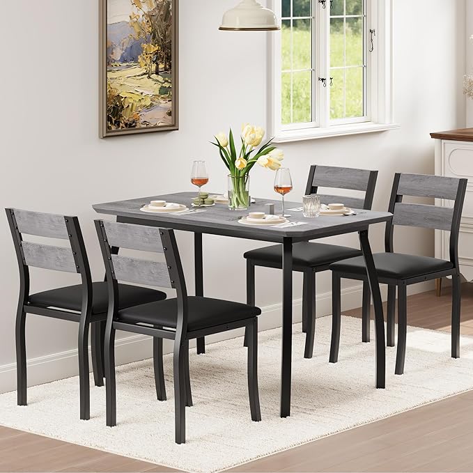 IDEALHOUSE Dining Table Set for 4 Modern Kitchen Table and Chairs Set with Chamfered Edges Cushioned Seats Space-Saving Metal Frame Compact Breakfast Nook (Soft Seat Black Tube + Black)
