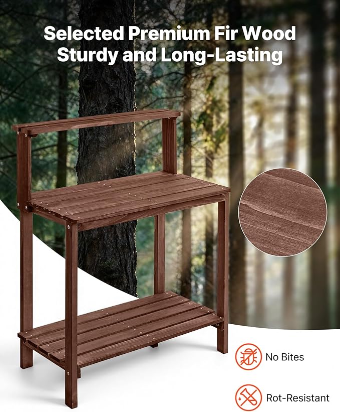 VEVOR Potting Bench Table, Outdoor Gardening Workstation with 36 x 20 in Wood Tabletop, Garden Planting Work Station with Storage Shelves, Hook for Outside Patio, Backyard, Brown