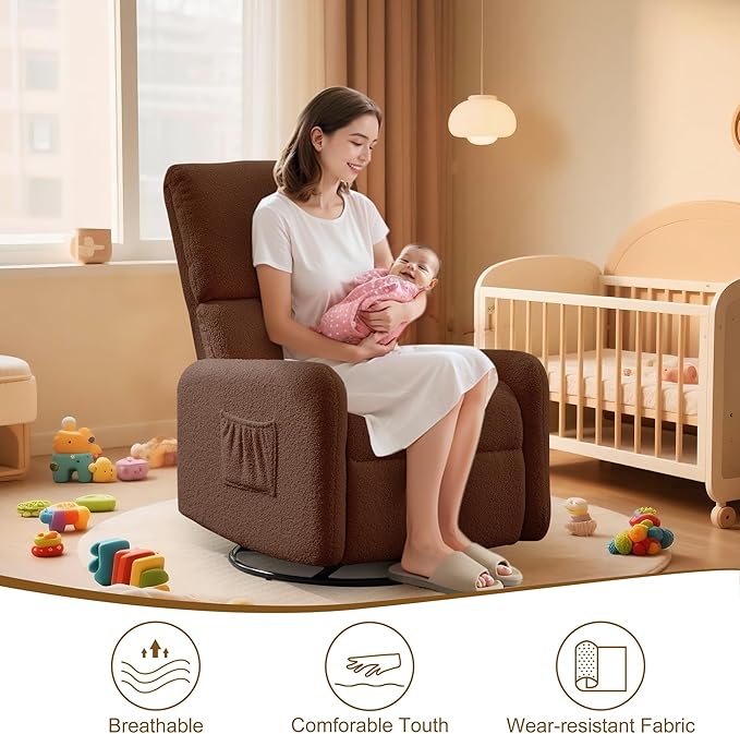 360° Rocking Chair, Nursery Rocker Chair with Side Pockets, Glider Nursing Chair with Steel Structure Base, Small Chair for Small Spaces, Sherpa Swivel Accent Chairs for Living Room, Nursing