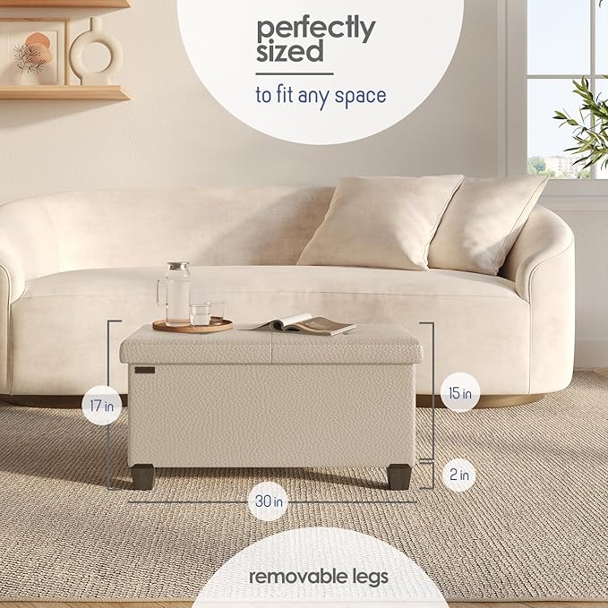 Storage Ottoman Bench with Bins, 30-in Storage Bench for Bedroom End of Bed, Folding Foot Rest Ottoman for Living Room Max 660lbs, Leather Ottomans, Beige