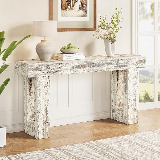 Little Tree 63-Inch Long Console Tables for Entryway, Large Sofa Table Behind Couch, Wooden Entry Foyer Hallway Table, Modern Console Sofa Tables for Living Room, Distressed White