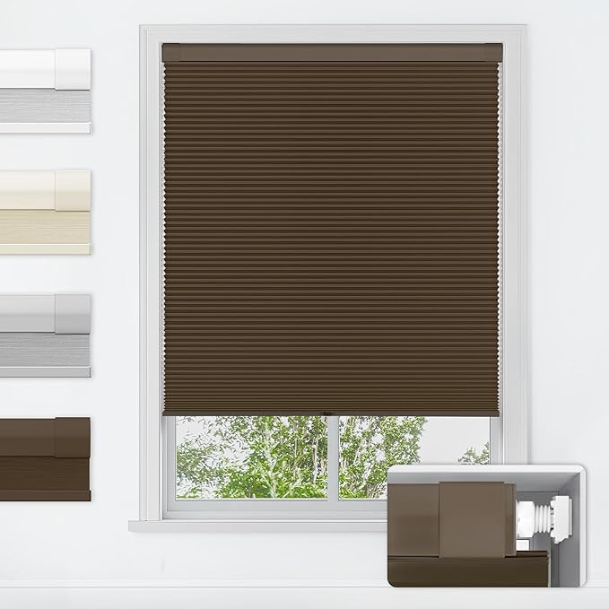 LazBlinds No Tools No Drill Cordless Cellular Shades, Blackout Light Blocking Honeycomb Shades for Home, Thermal Insulation Blinds for Windows, 30" W x 64" H, Dark Coffee
