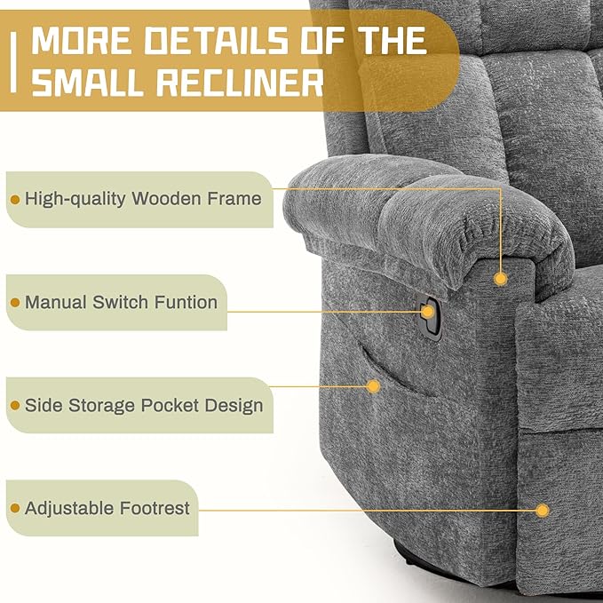 Recliner Chair, Swivel Rocker Recliner Chair for Adults, Small Recliners for Small Spaces, Manual Recliner with Side Pockets, Upholstered Nursery Rocking Chair for Living Room, Chenille, Grey