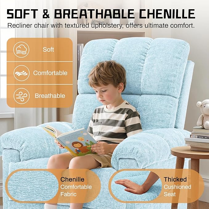 Recliner Chair, Swivel Rocker Recliner Chair for Adults, Small Recliners for Small Spaces, Manual Recliner with Side Pockets, Upholstered Nursery Rocking Chair for Living Room, Chenille, Blue